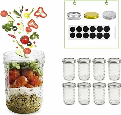 Set of 8 Mason Jars Set w/ Lids Quilted Crystal Jars, 16oz Glass Canning Jars