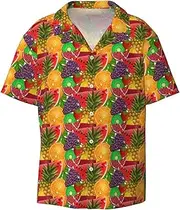 [VPPUR] Fresh Fruits Pineapple Print Fashion Short Sleeve Button Down Cuban Collar Shirt Left Chest Convenient Pocket