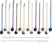 [BetterJonny] 14Pcs Stainless Steel Drinking Spoon Straws - 2 in 1 Long Handle Reusable Straws With 2 Cleaning Brushes for Latte Macchiato (7 Colors)