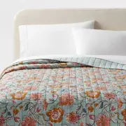 King Earthy Vines Quilt Light Teal Blue/Mustard Yellow/Light Pink Floral -