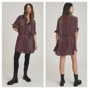 NWT Reiss Albi Burgundy Striped Satin Waist Tie Shirt Dress Size 0
