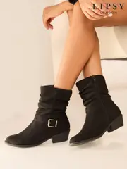 Lipsy Black Standard fit Wide Fit Flat Ruched Buckle Ankle Boots (AG6925) | $41