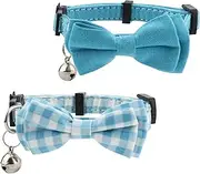 2pcs Boy Cat Collar with Bell Bow Tie, Cat Collars Adjustable Kitten Puppy Collar Cute Bowtie Cat Collar Safety Collar Plaid Pet Collars for Boy Girl Cat Puppy Pet (Blue)