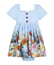 Dolce Gabbana Kids Floral Print Striped Poplin Dress 912M light blue