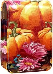 Lipstick Case,Leather Lip Gloss Lipstick Organizer with Mirror,Mini Lipstick Holder Bag,Flowers and Pumpkins Sunflower