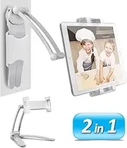 AYADA Kitchen Cabinet Tablet Holder, 2 in 1 Wall Mount Desktop Stand for ipad 12.9 Aluminum Alloy Metal Adjustable Multiangle Foldable Universal Phone Tablet Bracket Cooking Table Counter Top (Silver)