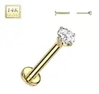 14K SOLID GOLD 16G 2mm CZ THREADLESS PUSH PIN IN LIP LABRET TRAGUS EAR RING STUD