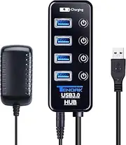 Tendak USB 3.0 Hub with 4 USB 3.0 Data Ports + 1 USB Smart Charging Port and Power Supply Adapter with Individual On/Off Port Switches