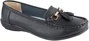 [Jo & Joe] Ladies Wide Fit Flat Leather Tassel Moccasins Loafer Nautical Shoe Plimsole Pumps Womens, Black, 4 UK Wide