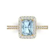 1.86Ct Emerald Cut Natural Swiss Blue Topaz Solid Gold Halo Engagement Ring