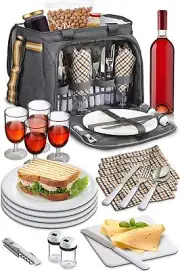 Picnic Basket 4 Plates Wine Glasses Forks Knives Salt Pepper Shakers Wash Cloths