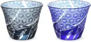 J-Kitchens Retro Kiriko Pair Glass Cup Cold Brown Φ3.0 x H2.4 inches (76 x 60 mm), 3.4 fl oz (100 cc), Rancho, Small Pattern, Ink Blue & Blue Hanachou Current Model