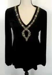 Gabriella Rossi Size M V Neck Velvet Romantic Long Sleeve Embellished Blouse