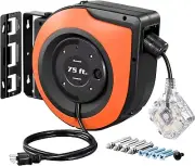 75 FT Retractable Heavy-Duty Extension Cord Reel with 6 Outlets & Safety Breaker