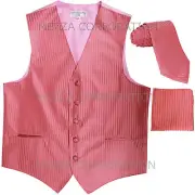 New Men's Tuxedo Vest Vertical Stripes Necktie Hankie set prom Coral wedding