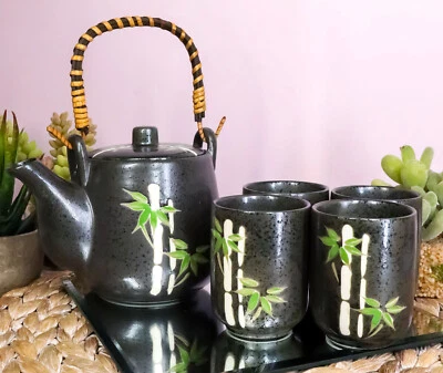 China Winter Lucky Bamboo Design Porcelain Black 20oz Tea Pot and 4 Cups Set