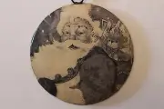 santa black and white tin christmas ornament with hanging string happy Santa