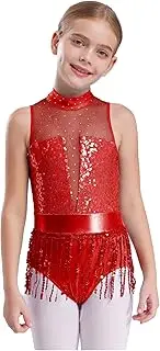 [TiaoBug] Kids Girls Glittery Sparkly Latin Bodysuit Fringe Jazz Dance Leotard Salsa Rumba Ballroom Performance Costume