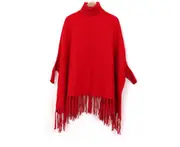 High-Necked Lady'S Fringed Cape Monochromatic Shawl Bat Sleeve Jacket - Red