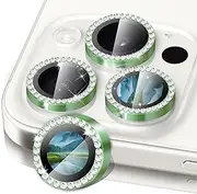 Compatible for iPhone 16 Pro/iPhone 16 Pro Max Camera Lens Protector-Gorgeous Bling,9H Tempered Glass Camera Cover Screen Protector Metal Ring Decoration Accessories(Stylish-Green)
