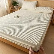 Comfortable Bed Sheet,Thick Quilted Embroidered Mattress Protector, Soft Solid Color Fitted Sheets for Single Double King Size Bed,White 2,120X200cm