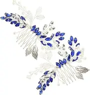 BELLIFFY 2 pcs Leaf Rhinestone Hair Comb Elegant Blue Bridal Side Combs for Weddings Parties Special Occasions Eye Catching Hair Accessories for All Types