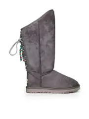 Grey Suede Beaded Detail Lace-Up Boots