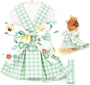 Dog Plaid Harness Dress and Leash Set,Floral Bow Puppy Princess Dress for Small Medium Dog Cat Adjustable Pet Skirt with D-Ring Dog Clothes Summer Apparel (Green, 2XL)