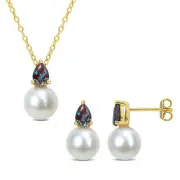 Amour Yellow Silver Created Alexandrite & FW Pearl Earrings, Pendant & Chain Set