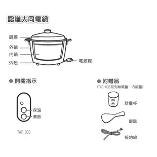 大同 3人份-配件不鏽鋼電鍋TAC-03S-D 【柏碩電器】