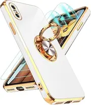 LeYi for iPhone Xs Case: iPhone X Case with 2 Pack Screen Protector and 360° Rotatable Ring Holder Magnetic Kickstand, Plating Rose Gold Edge Protective for iPhone 10 X, White