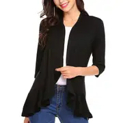 Nevenka Women's Open Front Cardigan 3/4 Sleeve Draped Ruffles Soft Knit Sweaters-Black-8012
