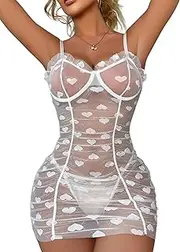 Aranmei Damen Sexy Dessous Babydoll Spitze Nachtwäsche Mesh Chemise Teddy Dessous Seitenschlitz Nachthemd mit Kette