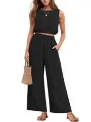Two Piece Sets for Women Sleeveless Crop Top Wide Leg Pants Sweat Set for Wom...
