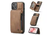 For Apple iPhone 15 CaseMe Back Zipper Wallet Case W/ 3 Card Slots, RFID Blocking, 1 Money Pocket, Credit Card Holder Leather Cover (Brown)