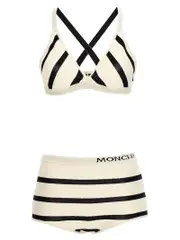[Moncler] Moncler-Bouclé Striped Bikini Beachwear Bianco/Nero-Donna S