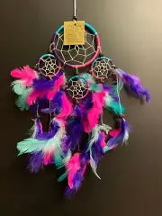 BRIGHT 3 COLOURED PINK/AQUA/PURPLE DREAM CATCHER 44CM TOT LENGTH LOVELY COLOURS