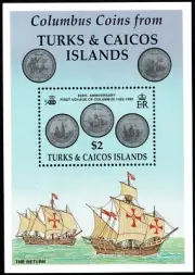 Stamps Turks Caicos 1992 Columbus coins First Voyage The return