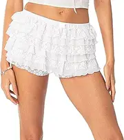 [Generic] Bloomers for Women Layered Ruffle Lace Trim Wide Leg Elastic Waist Shorts Cute Low Rise Micro Shorts
