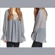 Show Me Your Mumu Womens S Lace-Up Blouse Gray Sheer Chiffon Romantic Flowy
