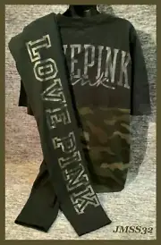 Victoria's Secret Pink Camo Varsity Tee Shirt + Leggings Set Green Black L NWT