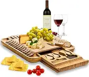Bambusi Natural Bamboo Cheese Board Set - Wooden Charcuterie Platter and Serving Tray with Hidden Drawer & Cutlery Set