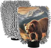 XYMZR Bear Vintage Landscape Absorbent Microfiber Car Wash Mitt, Funny Cute Anime Scratch Free for Cars Cleaning, Home Cleaning Mitts, 2 Pack, 10.24” L x 7.09” W