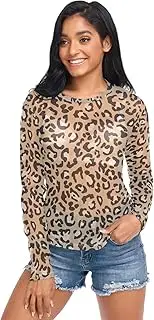 [RPLIFE] Black Brown Leopard Print Long Sleeve Mesh Tops for Women, Fancy Long Sleeve Shirts for Women S-XXL
