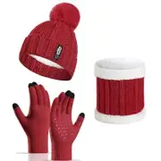 Lady Winter Warm Pom Knit Beanie Hat Scarf Gloves Set Touch Xmas Bright Red