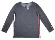 TOMMY HILFIGER Womens M Blue Knit Top Contrast Cuff Snap Detail Preppy NWT
