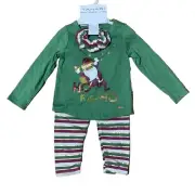 NWT Tahari Santa 3 Piece Outfit Shirt Pant Hair Tie Green Sequin Little Girl 3T