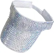 [kowaku] Crystal Sequin Bling Rhinestone Visor Sun Hat Adjustable Wide Brim Ladies Glitter UV Hat Empty Top for Running Men Cycling Travel Summer, White Colorful
