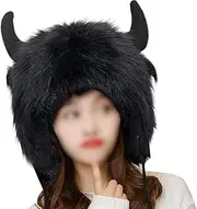 EHERDM Buffalo Hat with Horns Artificial Fur Cowhorn Hat Plush Fluffy Faux Fur 2-in-1