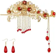 Chinese Hair Accessories for Wedding, Red Tassel Hair Pin Alloy Pearl Hair Jewelry Set, Red Dangle Drop Earrings, Vintage Hair Sticks, Hair Styling Pins for Women, Brides for Parties, Alloy, Plastic